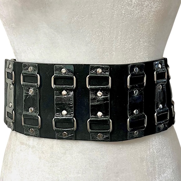 Wcm New York Accessories - WCM wide statement stretch belt leather suede  black w/ silver toned hardware